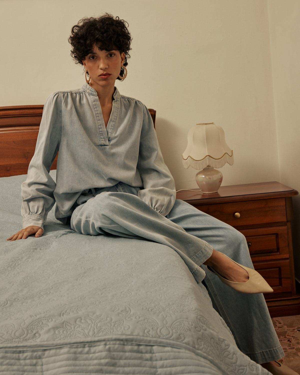 Straight long-sleeve denim blouse skyblue Valory