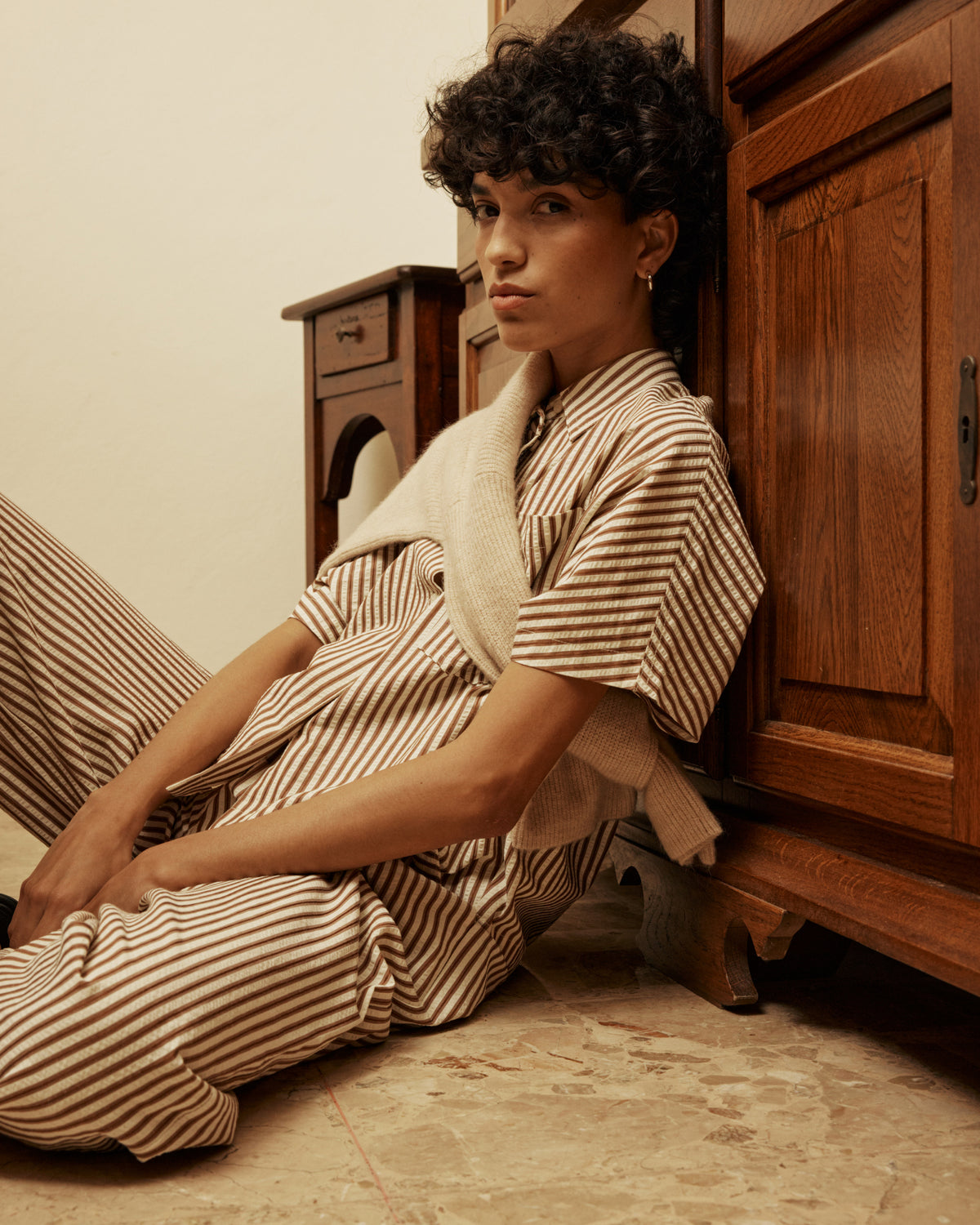 Chemise large à rayures manches courtes mocha Vercia