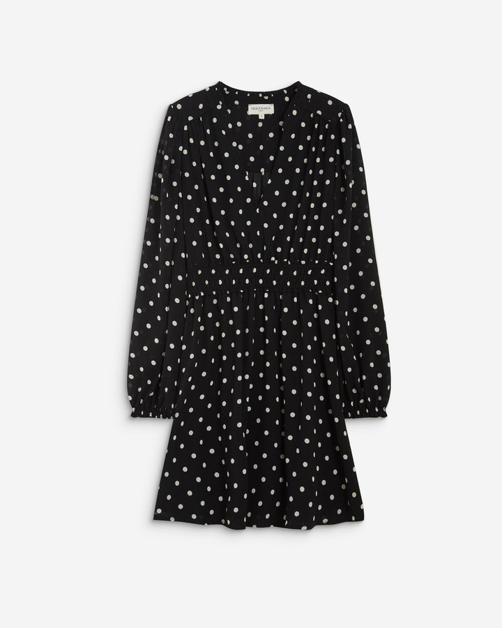 Robe courte fluide manches longues bouffantes pois Ailona