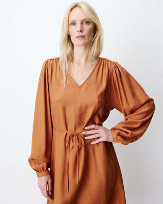 Robe courte col V manches bouffantes camel Alienor