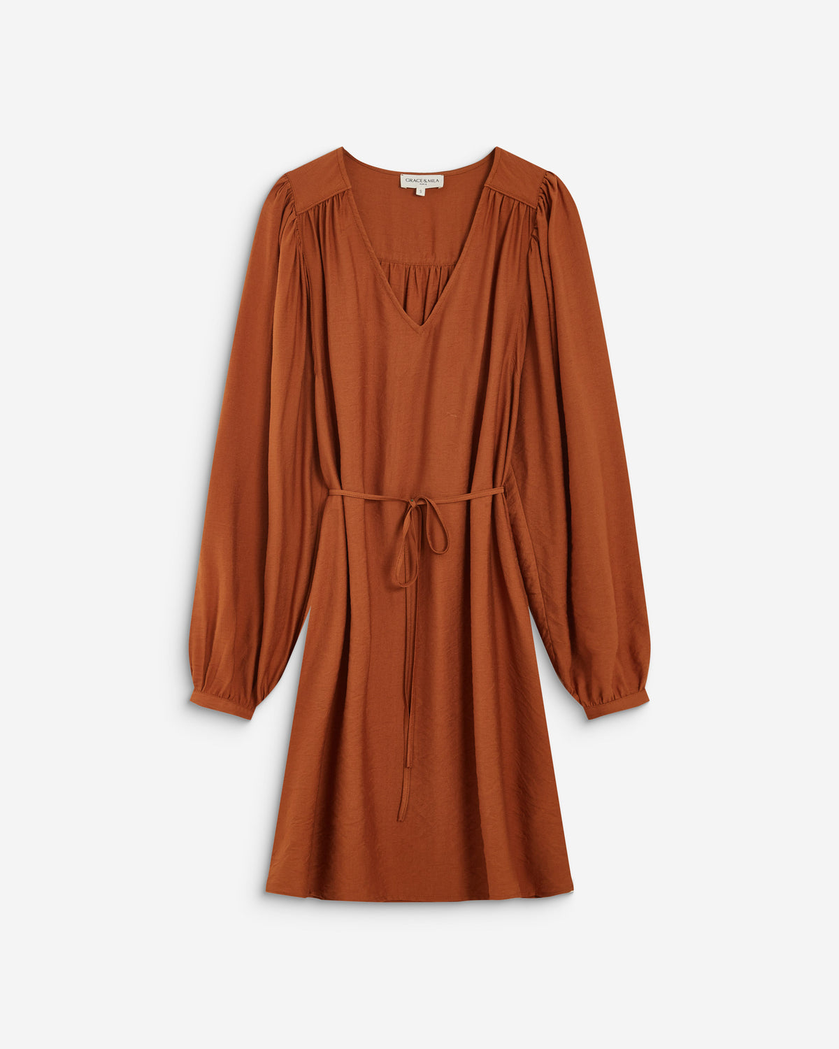 Robe courte col V manches bouffantes camel Alienor