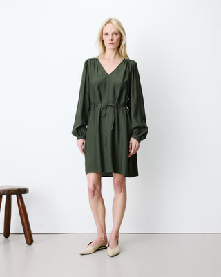 Robe courte col V manches bouffantes kaki Alienor
