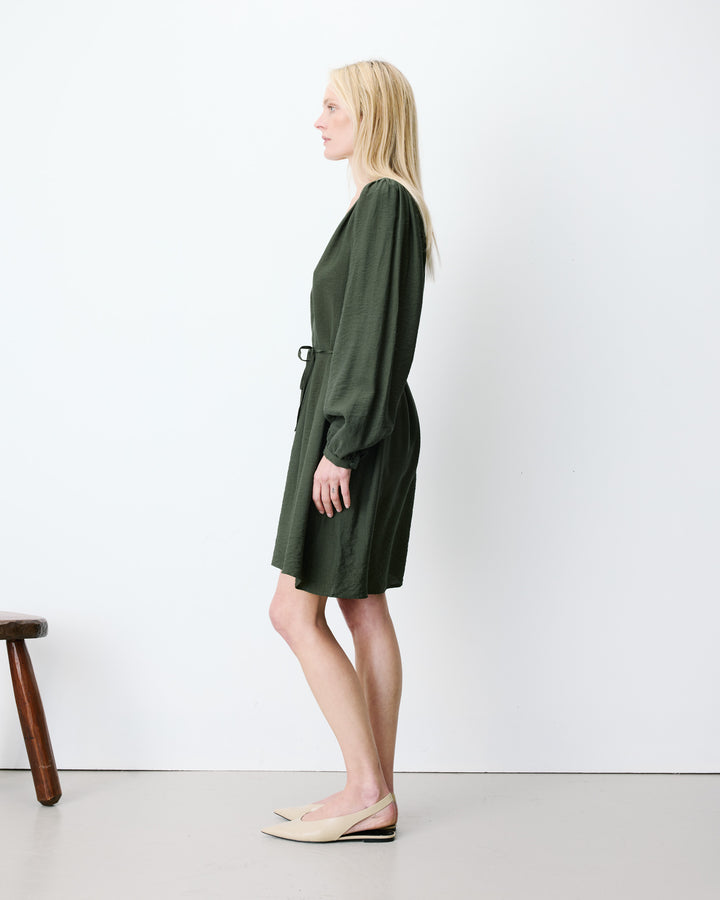 Robe courte col V manches bouffantes kaki Alienor
