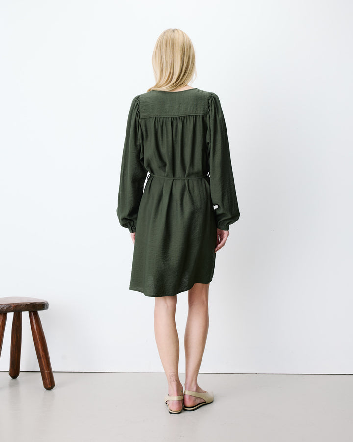 Robe courte col V manches bouffantes kaki Alienor