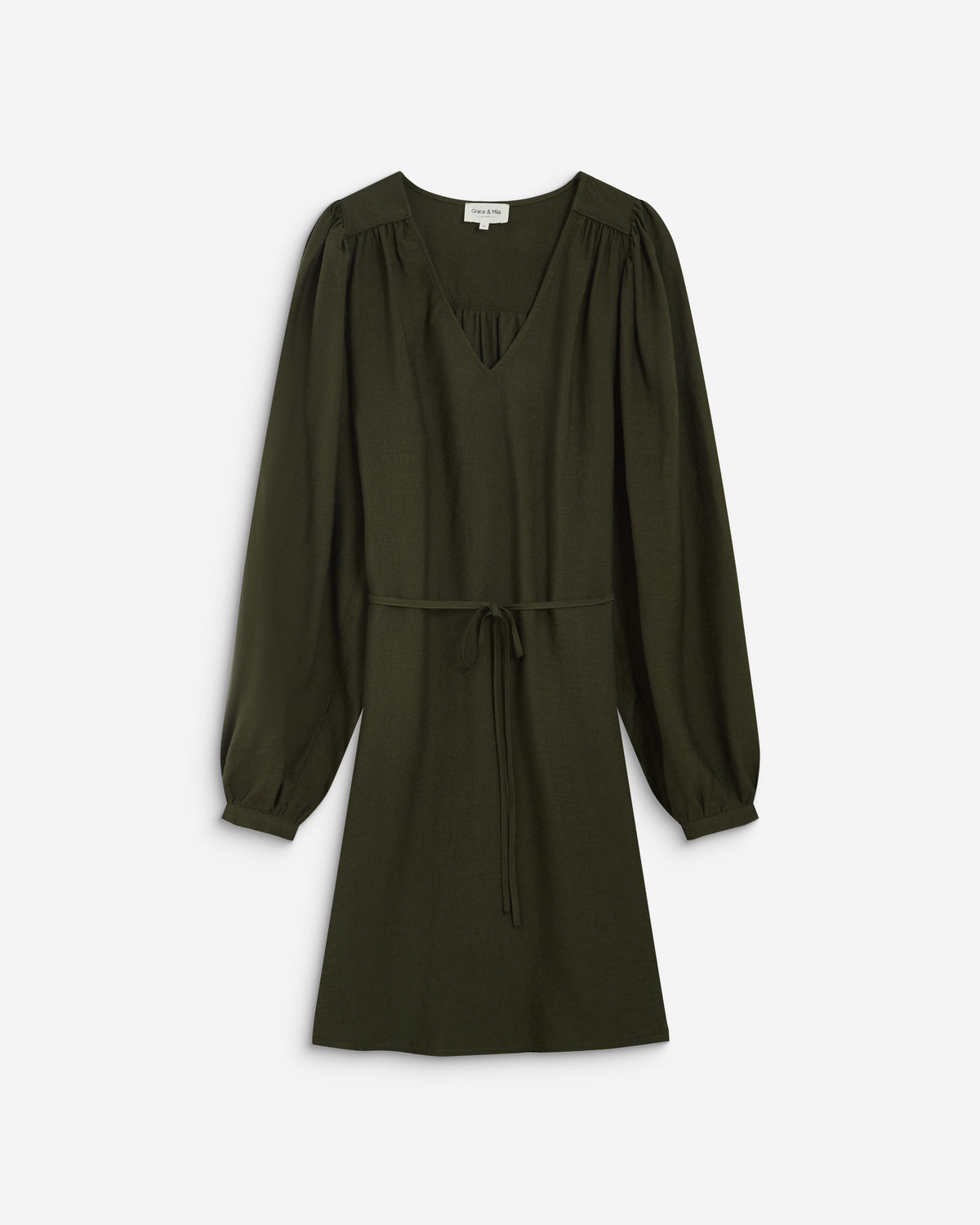 Robe courte col V manches bouffantes kaki Alienor
