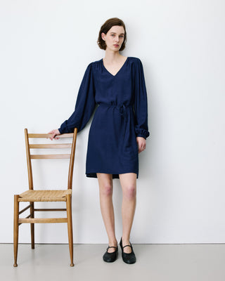 Robe courte col V manches bouffantes marine Alienor