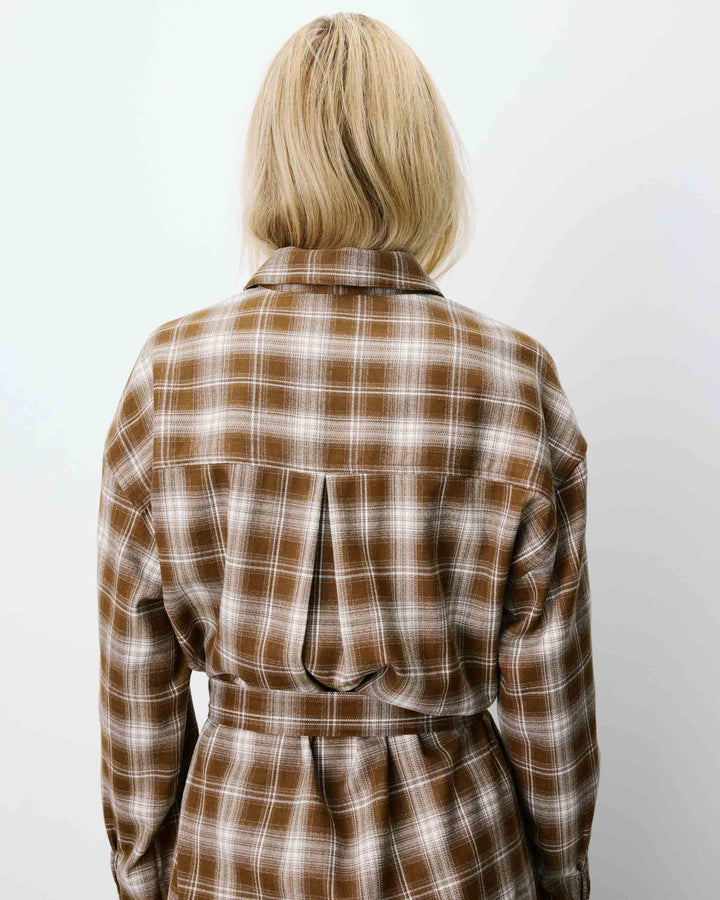 Robe chemise courte à carreaux ceinturée coffee Amaya