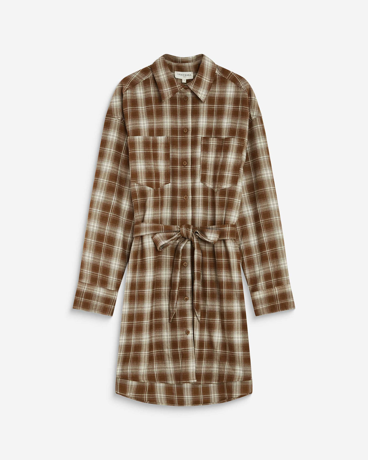 Robe chemise courte à carreaux ceinturée coffee Amaya