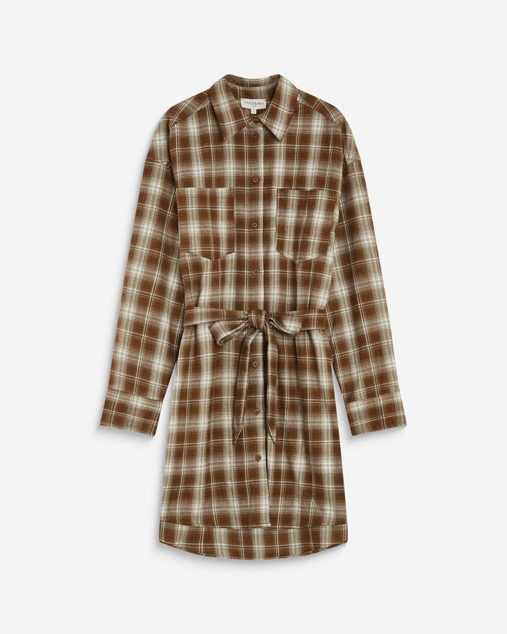 Robe chemise courte à carreaux ceinturée coffee Amaya