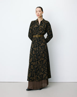 Robe chemise longue ceinturée à motif kaki Aveline