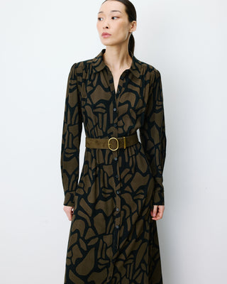 Robe chemise longue ceinturée à motif kaki Aveline