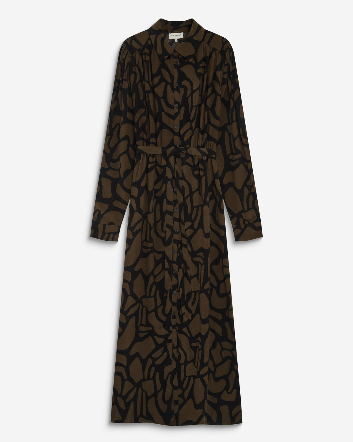 Robe chemise longue ceinturée à motif kaki Aveline