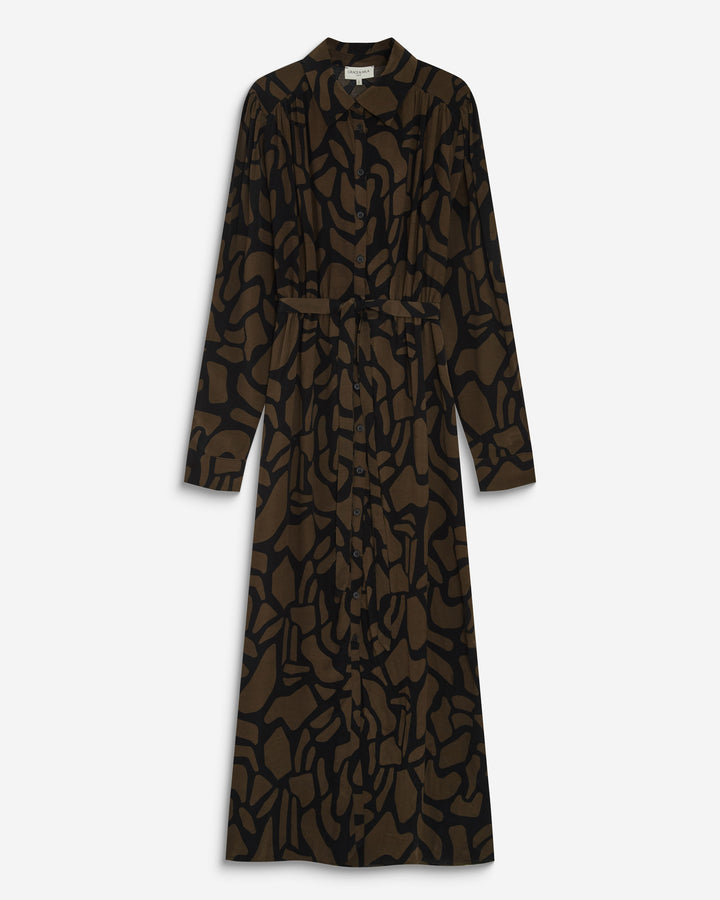 Robe chemise longue ceinturée à motif kaki Aveline