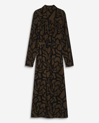 Robe chemise longue ceinturée à motif kaki Aveline