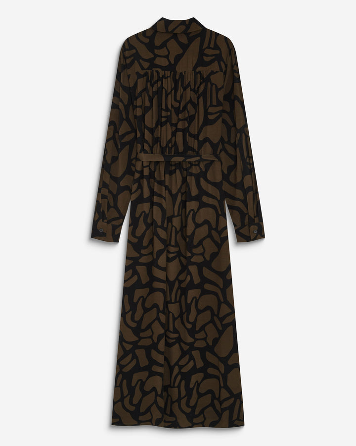Robe chemise longue ceinturée à motif kaki Aveline