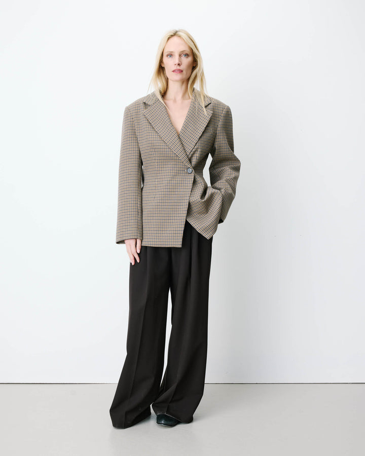 Blazer cintré croisé pied-de-poule beige Almond