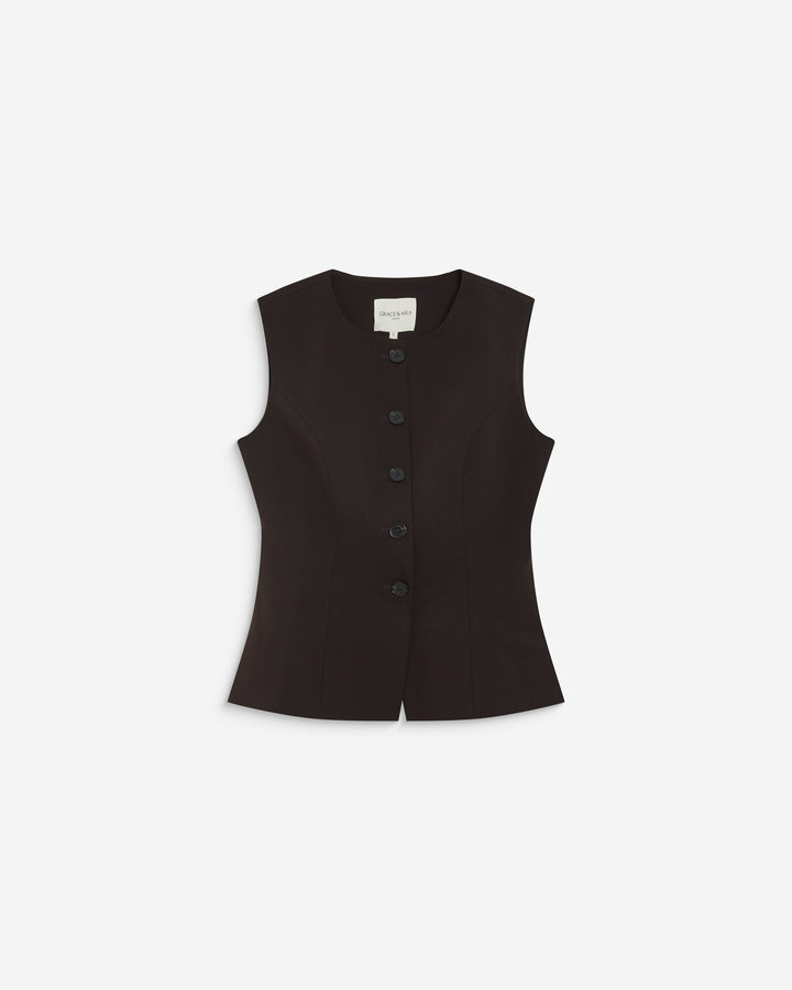 Gilet tailleur col rond boutonné chocolat Aristide