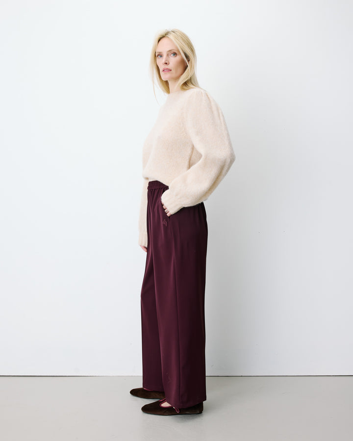 Pantalon fluide jambe large taille mi-haute aubergine Noblesse