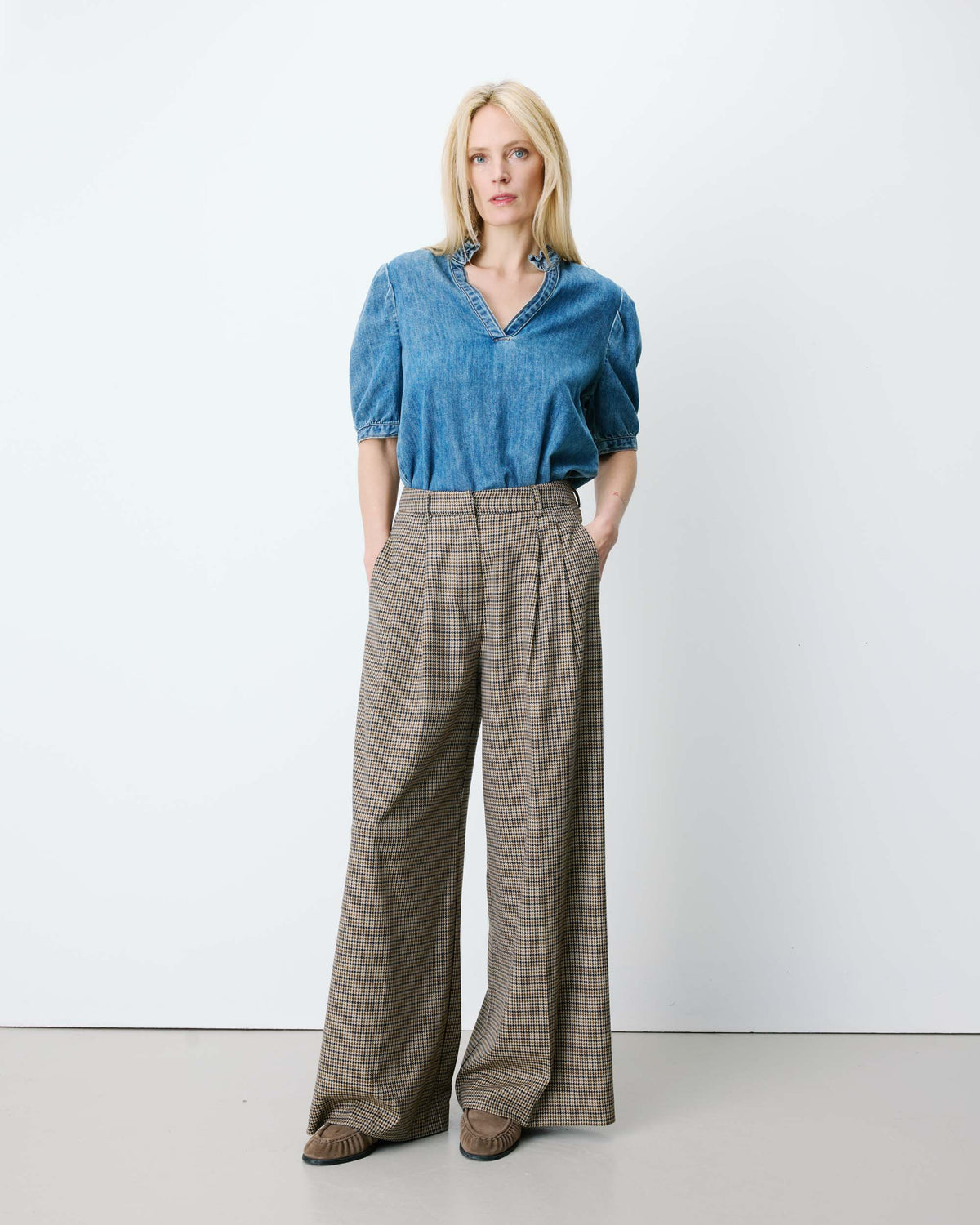 Pantalon tailleur ample pied-de-poule beige Ayen