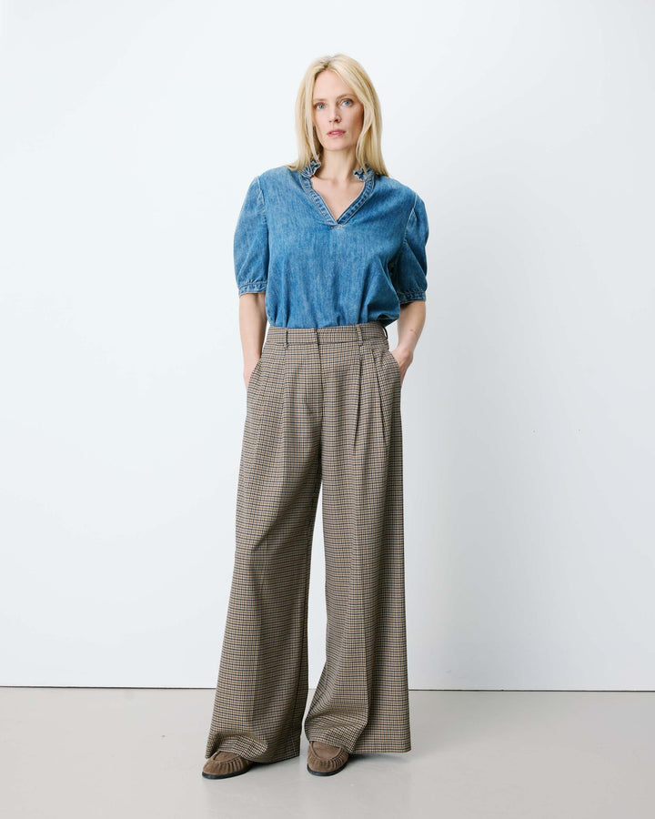 Pantalon tailleur ample pied-de-poule beige Ayen
