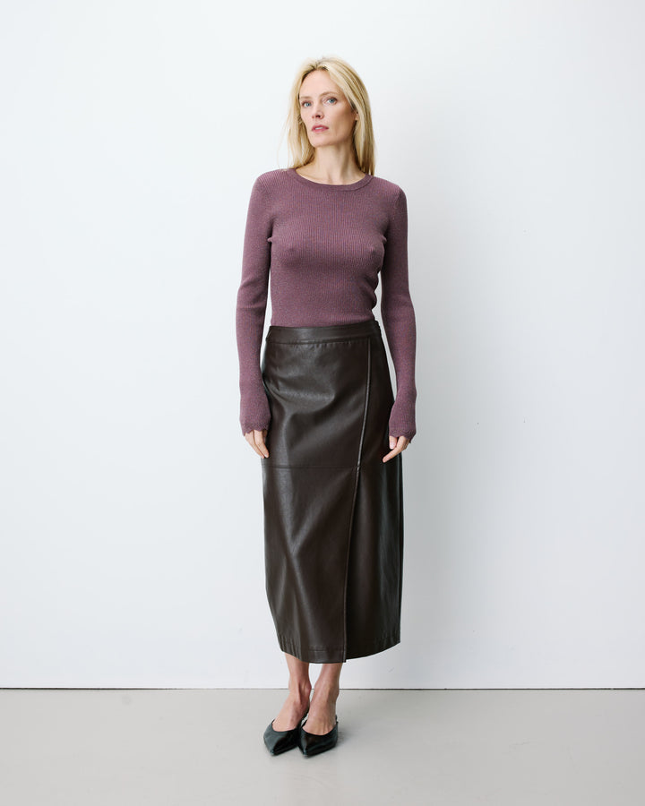 Faux-leather wrap midi skirt chocolat Aenor