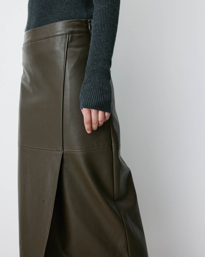 Jupe midi portefeuille similicuir kaki Aenor