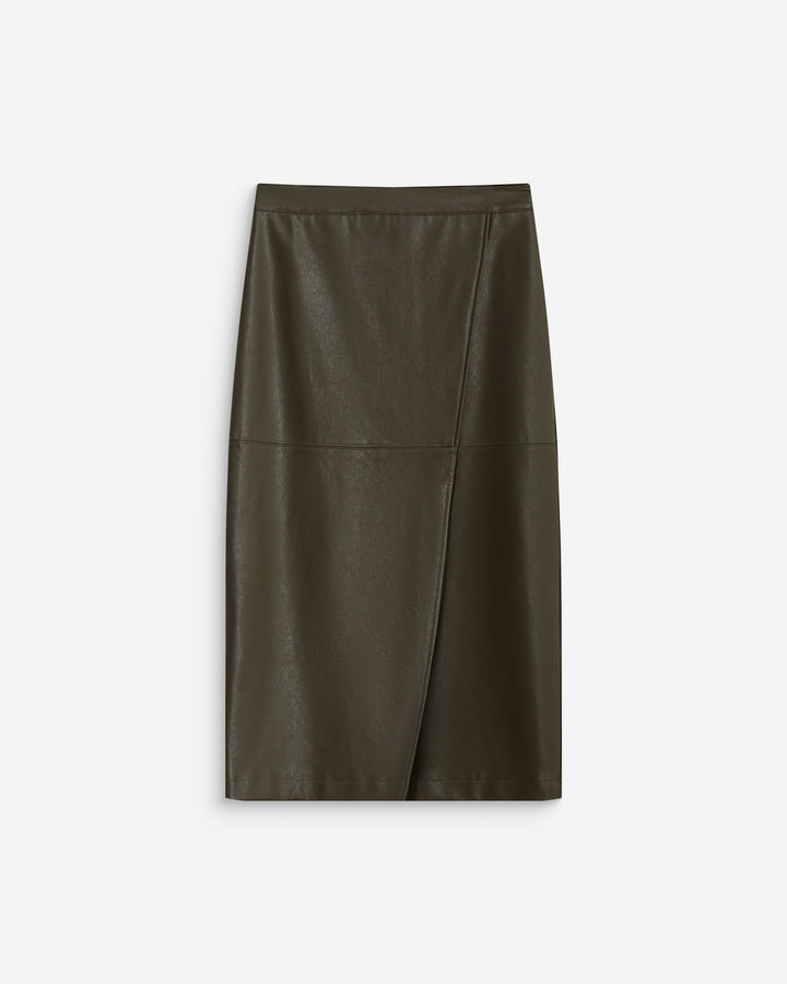 Jupe midi portefeuille similicuir kaki Aenor