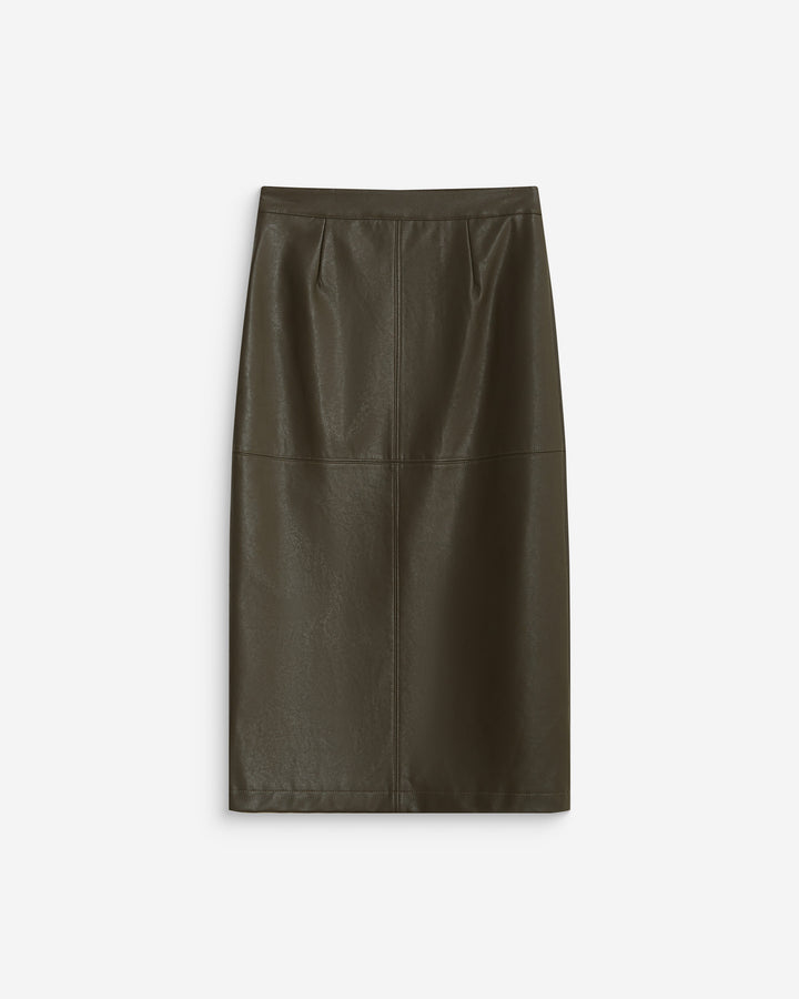 Jupe midi portefeuille similicuir kaki Aenor
