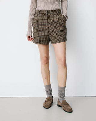 Short tailleur pied-de-poule taille haute coffee Arsenio