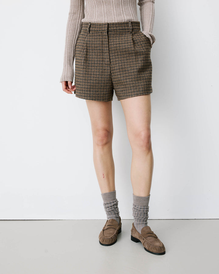 Short tailleur pied-de-poule taille haute coffee Arsenio