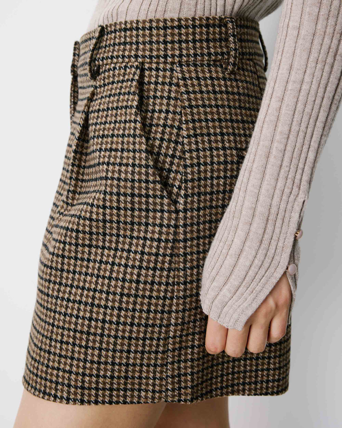 Short tailleur pied-de-poule taille haute coffee Arsenio