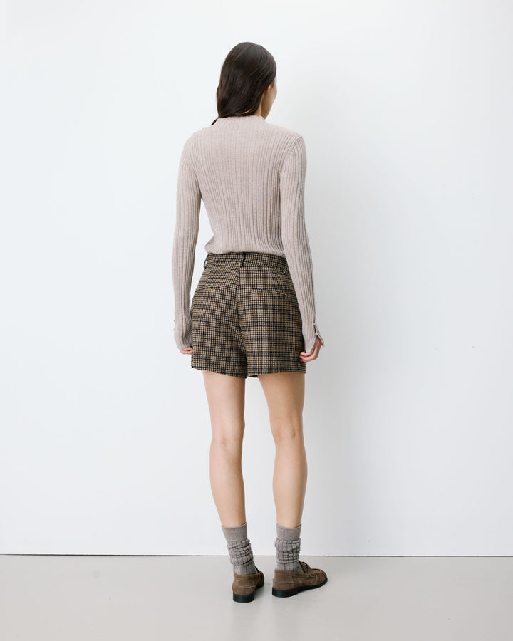 Short tailleur pied-de-poule taille haute coffee Arsenio