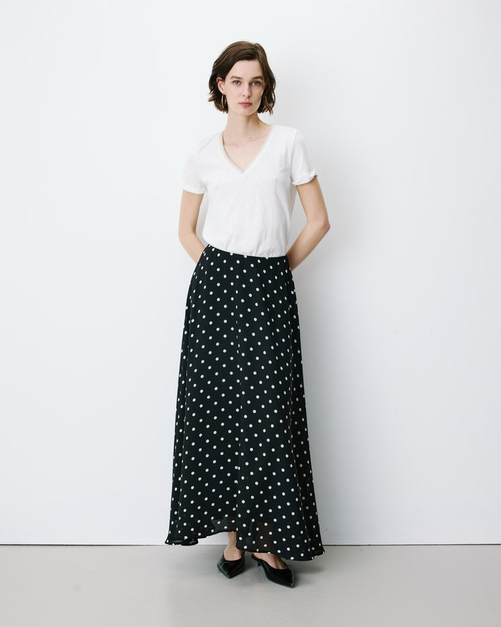 Jupe longue trapèze taille haute pois Analia