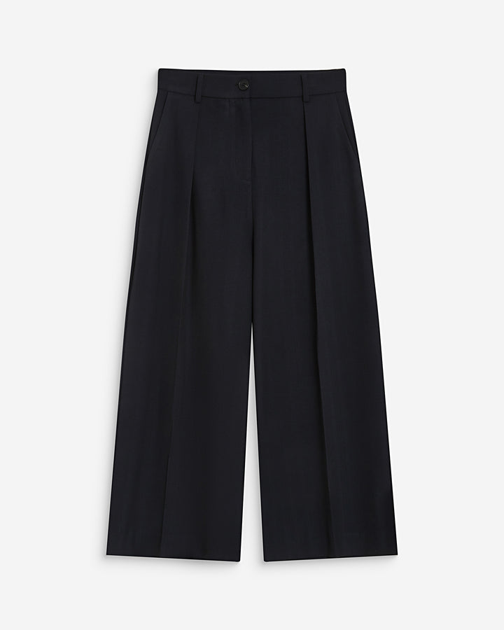 Pantalon tailleur court large à plis marine Atlantis