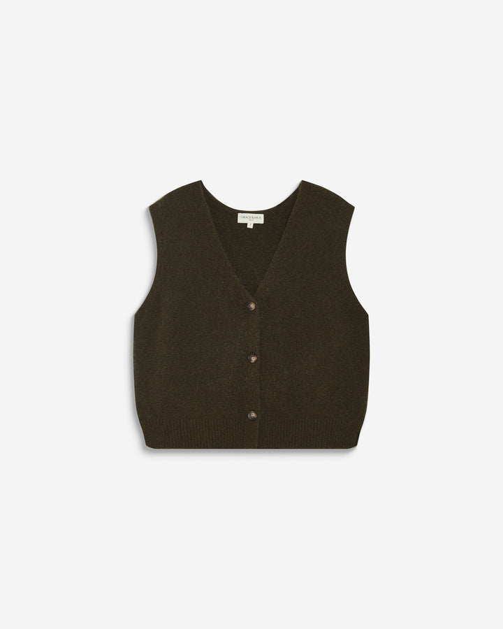 Cardigan sans manches boutonné col V kaki Nars