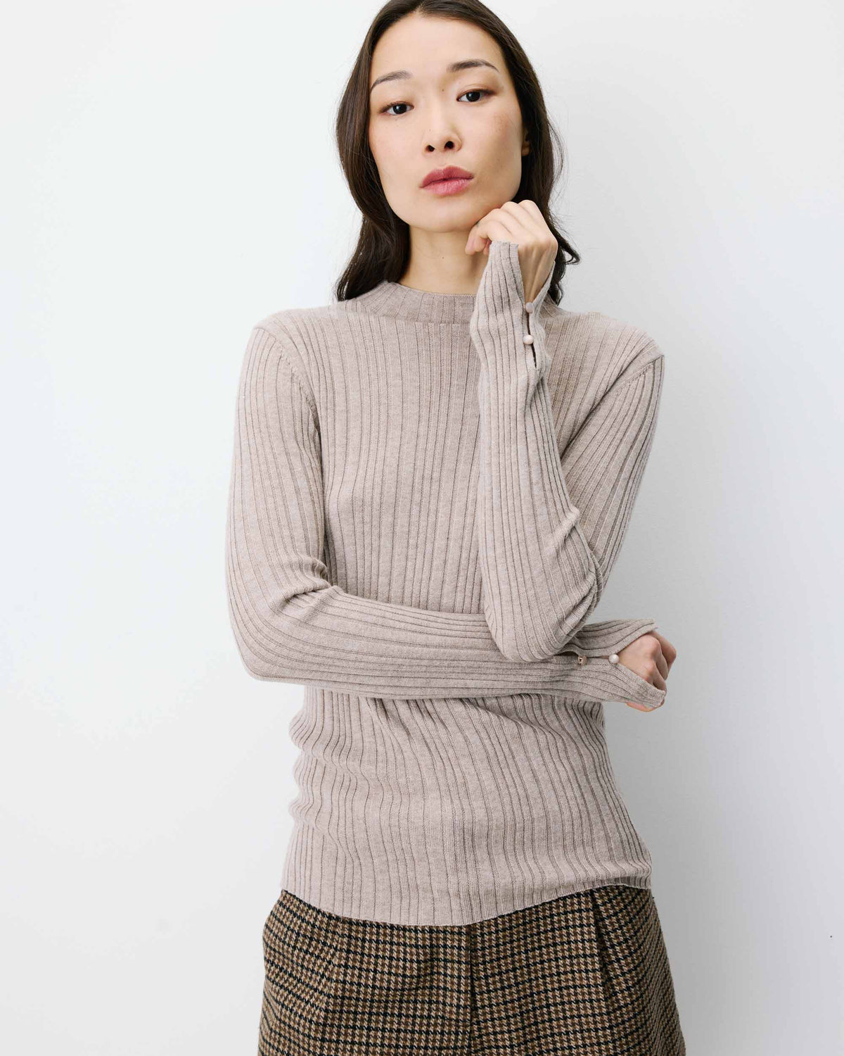 High-neck long-sleeve knit sweater mocha Aloe