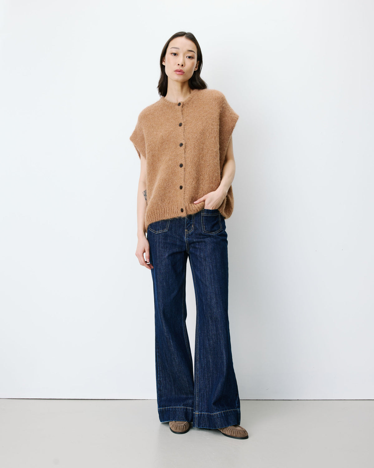 Cardigan loose sans manches col rond camel Addison