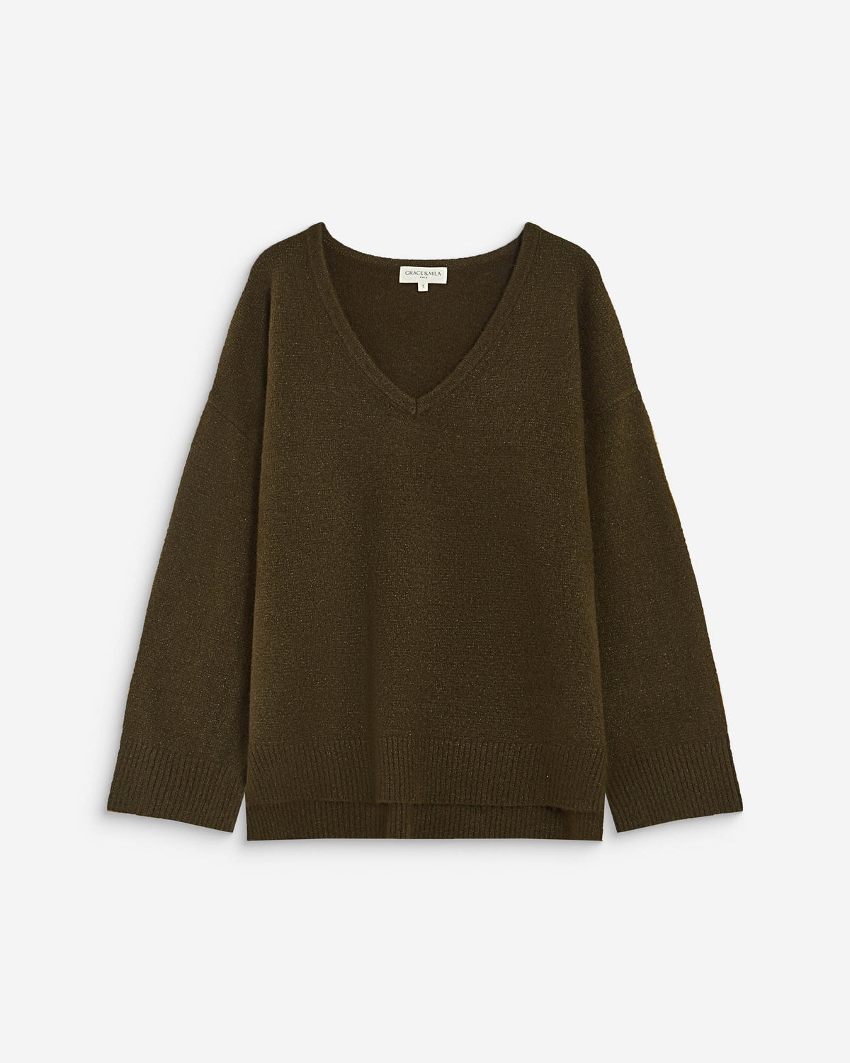 Pull ample col V en maille lurex kaki Salvador