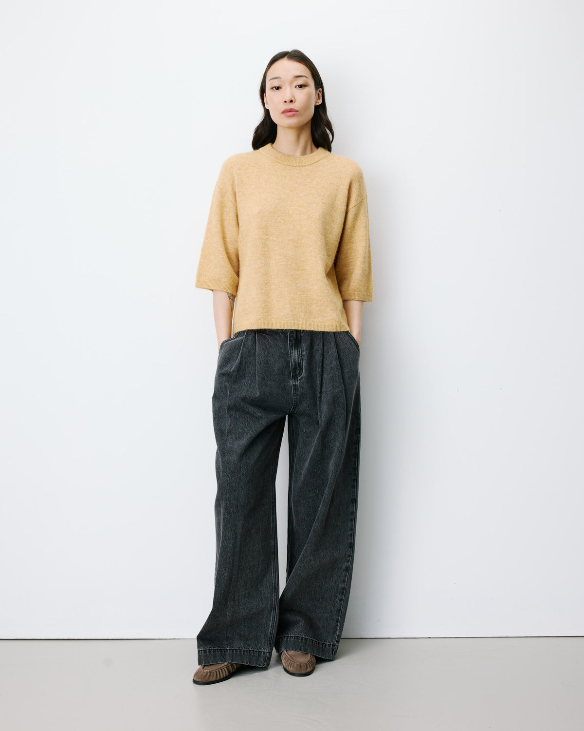 Pull oversize manches 3/4 col rond ocre Asher