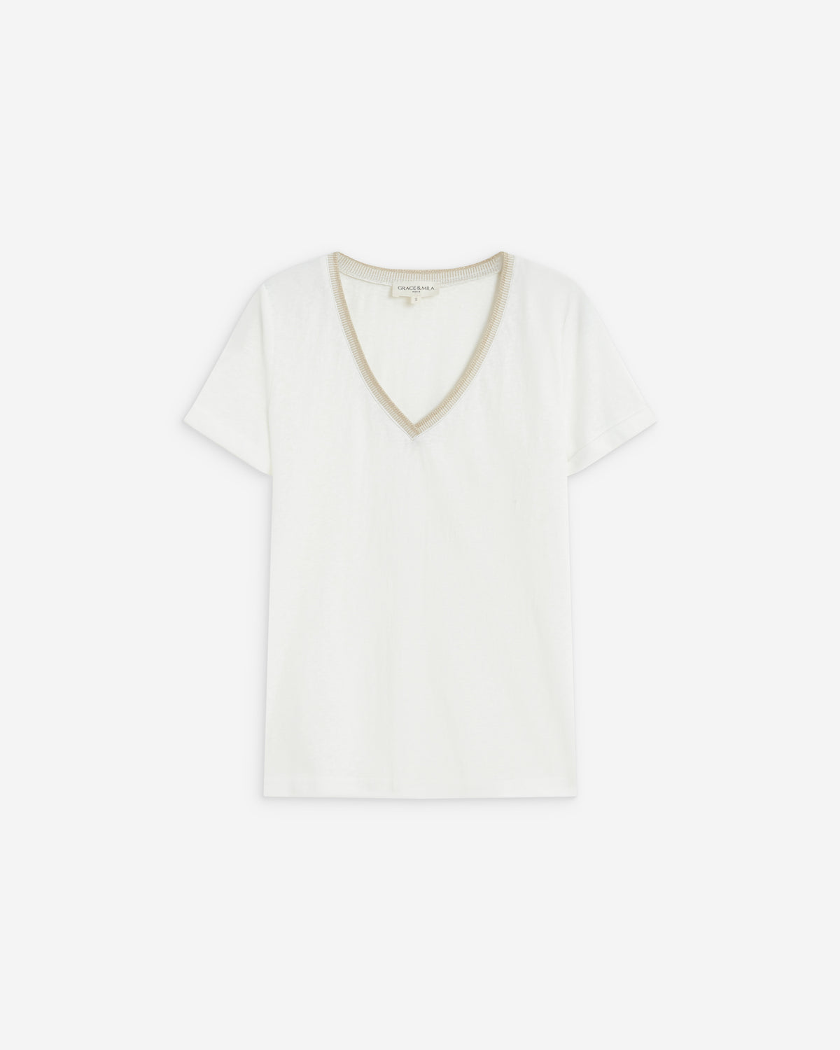 T-shirt manches courtes col V contrasté ivoire Aurelien