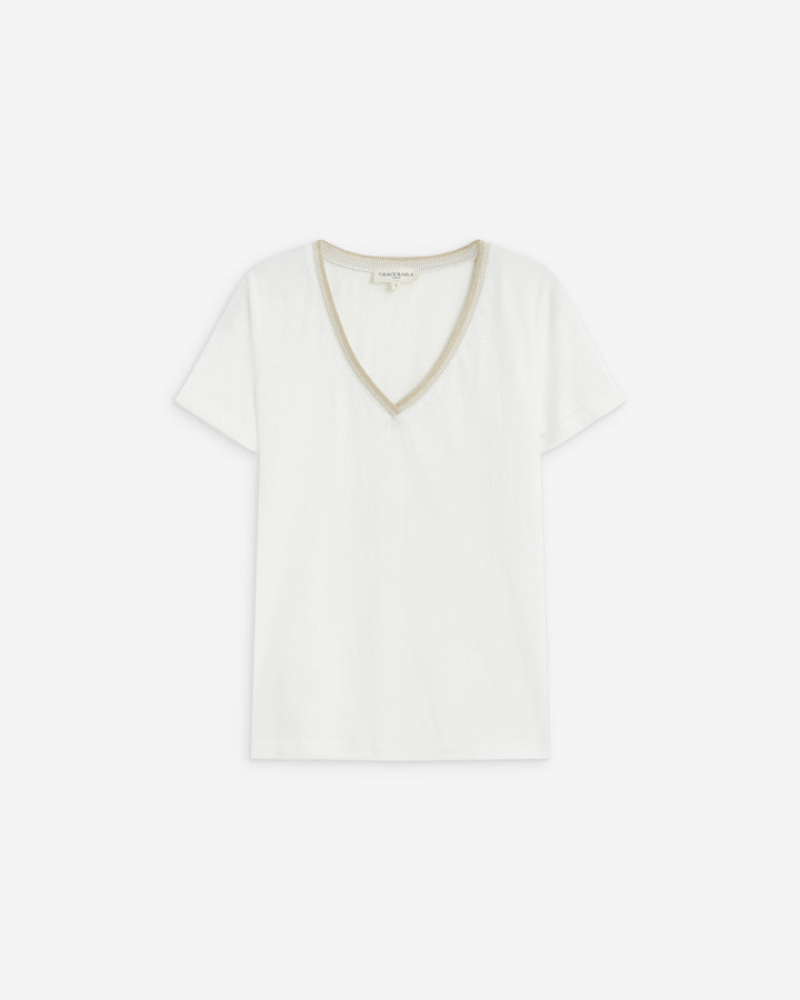 T-shirt manches courtes col V contrasté ivoire Aurelien
