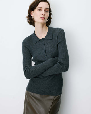 Pull ajusté col polo en maille côtelée anthracite Angelo
