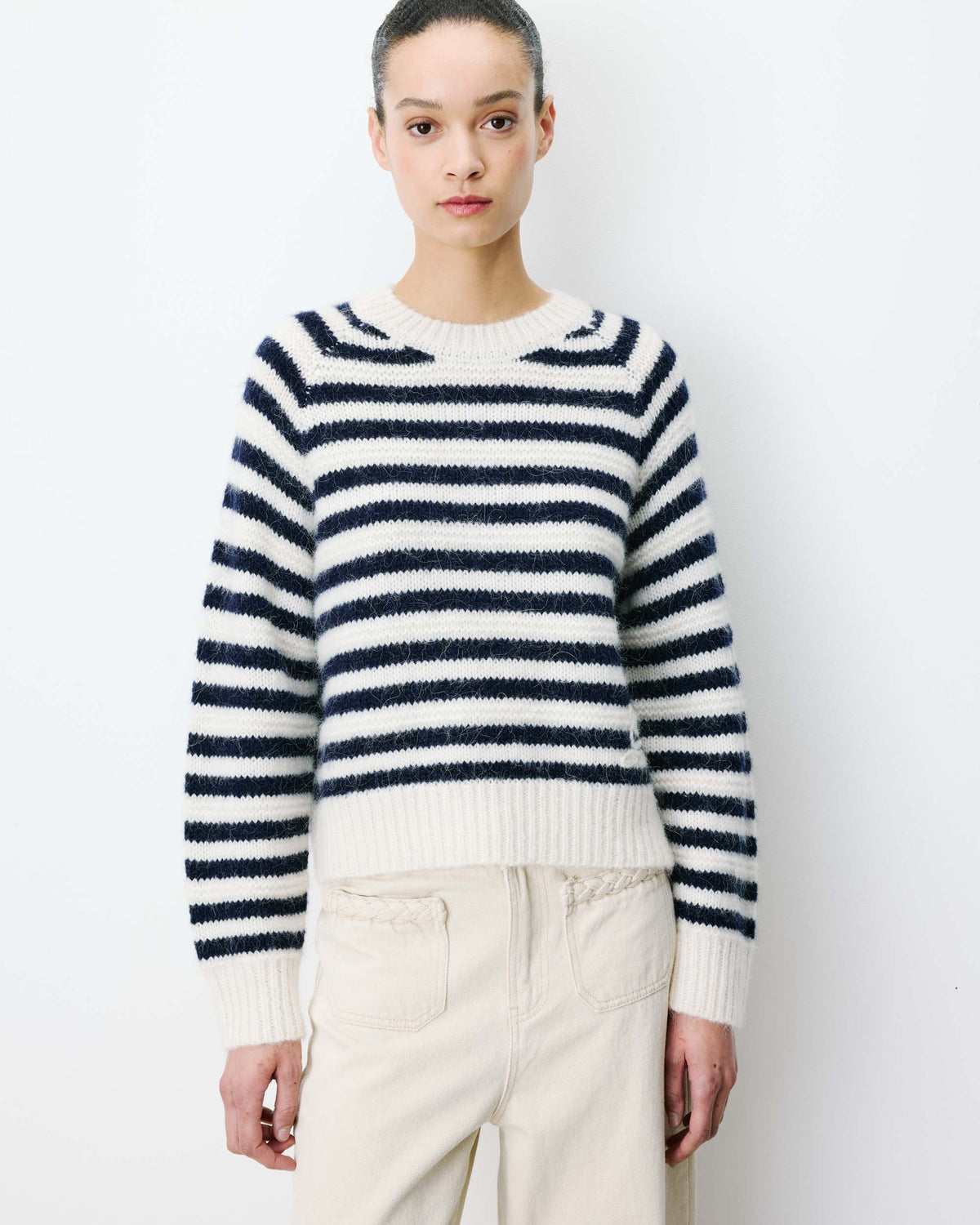 Pull à rayures en alpaga et laine mélangée marine Aimond