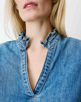 Blouse en denim col V manches bouffantes lightblue Amande