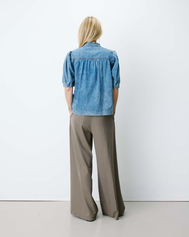 Blouse en denim col V manches bouffantes lightblue Amande