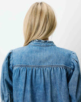 Blouse en denim col V manches bouffantes lightblue Amande