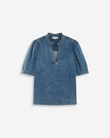 Blouse en denim col V manches bouffantes lightblue Amande