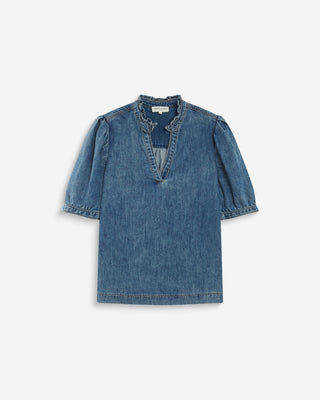 Blouse en denim col V manches bouffantes lightblue Amande