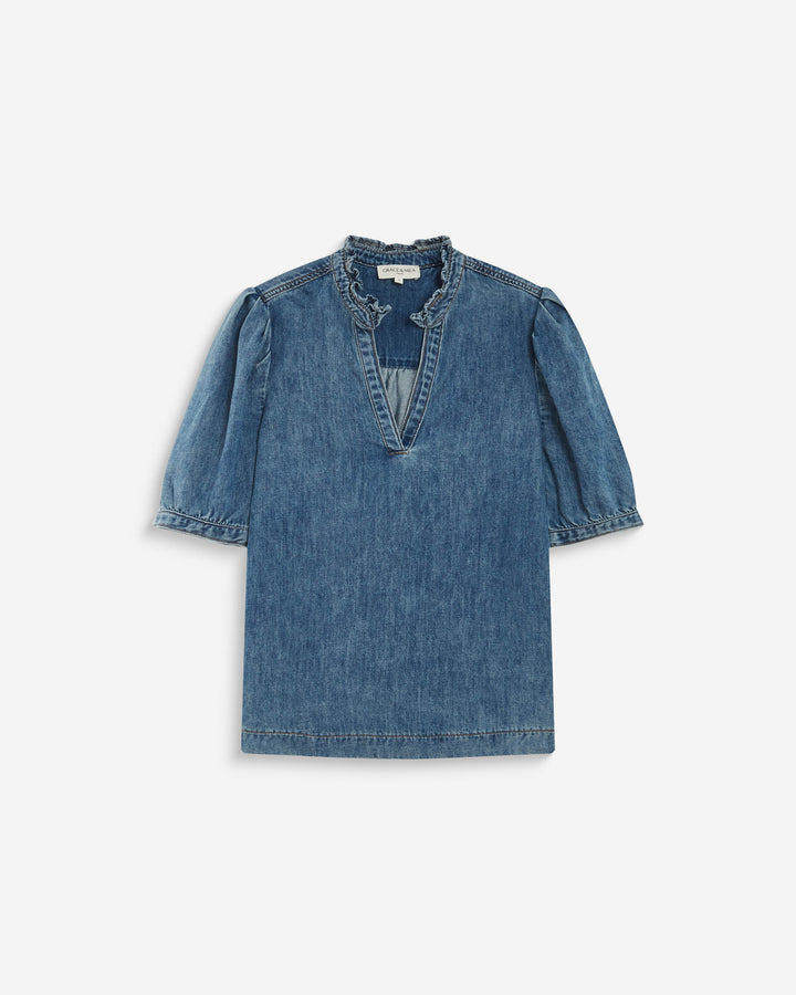 Blouse en denim col V manches bouffantes lightblue Amande