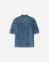 Blouse en denim col V manches bouffantes lightblue Amande